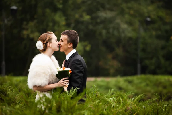 Groom sorri beijando uma noiva com flores em seu cabelo — Fotografia de Stock