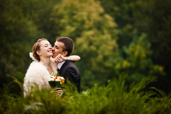 Наречена обіймає шию нареченого, поки він цілує її щоку — стокове фото