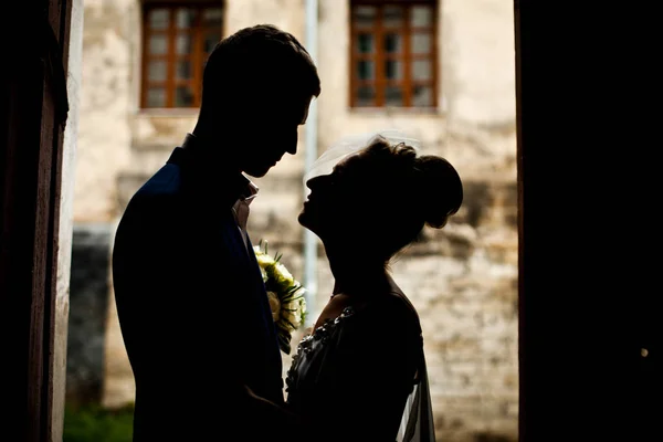 Höga brudgummen ser ut på en brud bär en kort slöja — Stockfoto