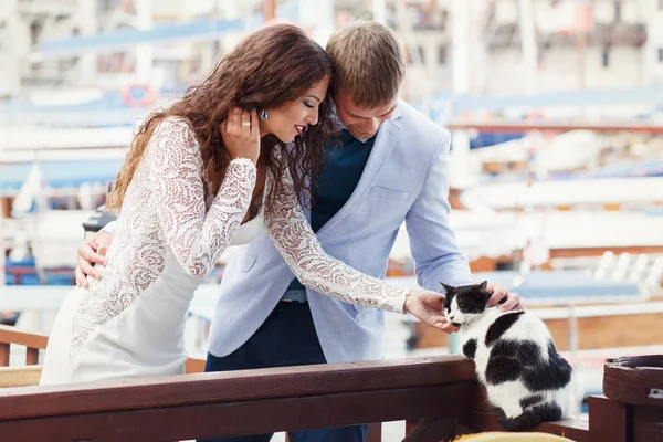 Elegante pareja de boda acaricia a un gato posando en el amarradero —  Fotos de Stock