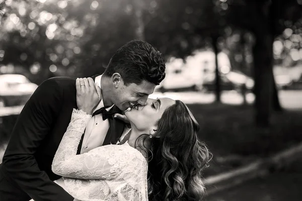 Black and white picture of handsome groom bending bride over and — Stock Photo, Image