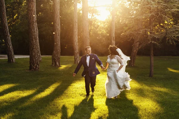 Braut hält ihr Kleid hoch, während sie mit einem Bräutigam über die l — Stockfoto