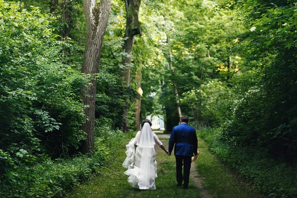 Prachtvolles Hochzeitspaar spaziert auf der Straße durch den Vordergrund — Stockfoto