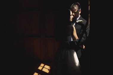 Gelin ve damat orta hüzmesi içinde ayakta ihale birbirlerine sarılmak