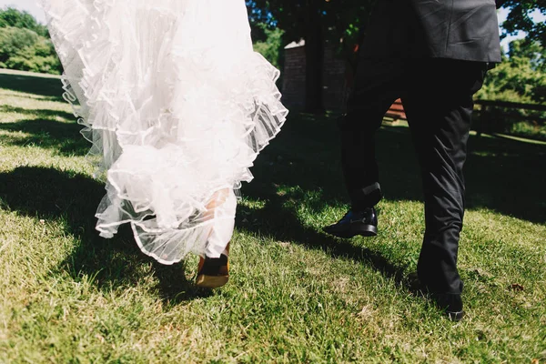 从后面看新婚夫妇的双腿，当他们在草坪上散步的时候 — 图库照片