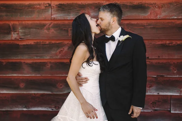 Bruden slikker en vakker brudgom som prøver å kysse henne – stockfoto
