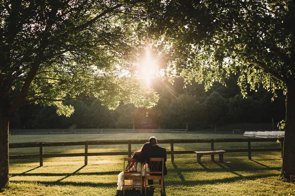 Recém-casados alegres admiravam o pôr-do-sol enquanto sentavam na cadeira — Fotografia de Stock