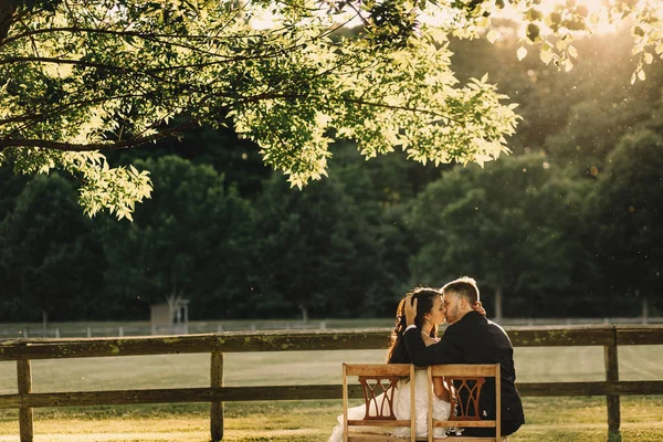 Bride and groom kiss each other delicately while sitting under t — Stock Photo, Image