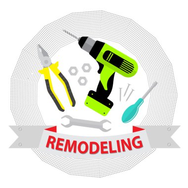 Beyaz arka plan üzerinde onarım araçları kümesi. Logo ev onarım hizmeti. Hisse senedi vektör. Düz tasarım.