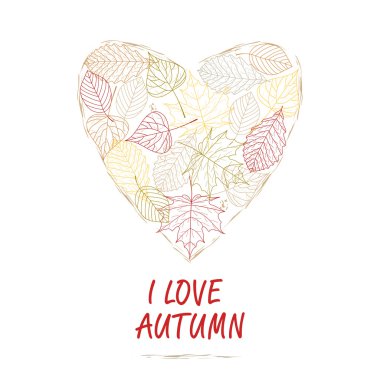 El vektör çizim çekilmiş. Sonbahar yaprakları arka plan kalbinde. Sonbahar seviyorum. Orman tasarım öğeleri. Hisse senedi vektör. Düz tasarım.