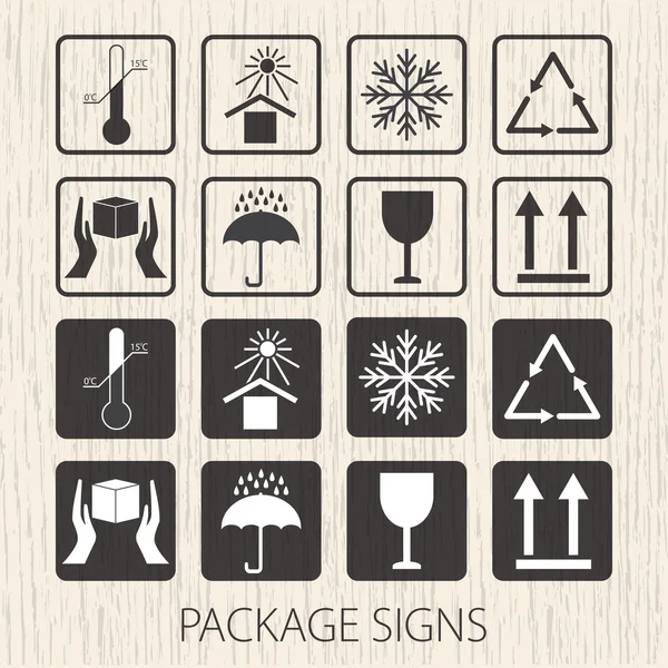 Vector packaging symbols on vector wooden background. Icon set including fragile, this side up, handle with care, keep dry and other caution handling symbols. Stock vector. Flat design. — Stock Vector