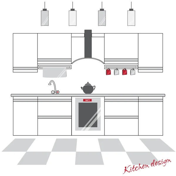 Cocina con muebles y utensilios. Cocina vista frontal en color gris y rojo. Vector de acciones. Diseño plano . — Vector de stock