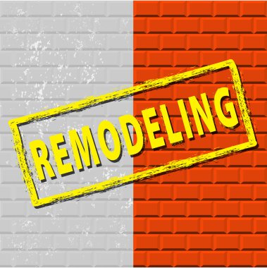 Daha önce yeniden inşa ve onarım sonra kırmızı tuğla yeni duvar gri eski tuğla duvar. Çizilmiş tadilat damga. Hisse senedi vektör. Düz tasarım.