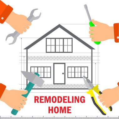 Ev remodeling. Ev yenileme ve teknoloji kavramı. Erkekler ellerini ev tamir için araçları tutmak. Hisse senedi vektör. Düz tasarım.