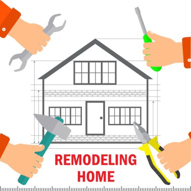 Ev remodeling. Ev yenileme ve teknoloji kavramı. Erkekler ellerini ev tamir için araçları tutmak. Hisse senedi vektör. Düz tasarım.