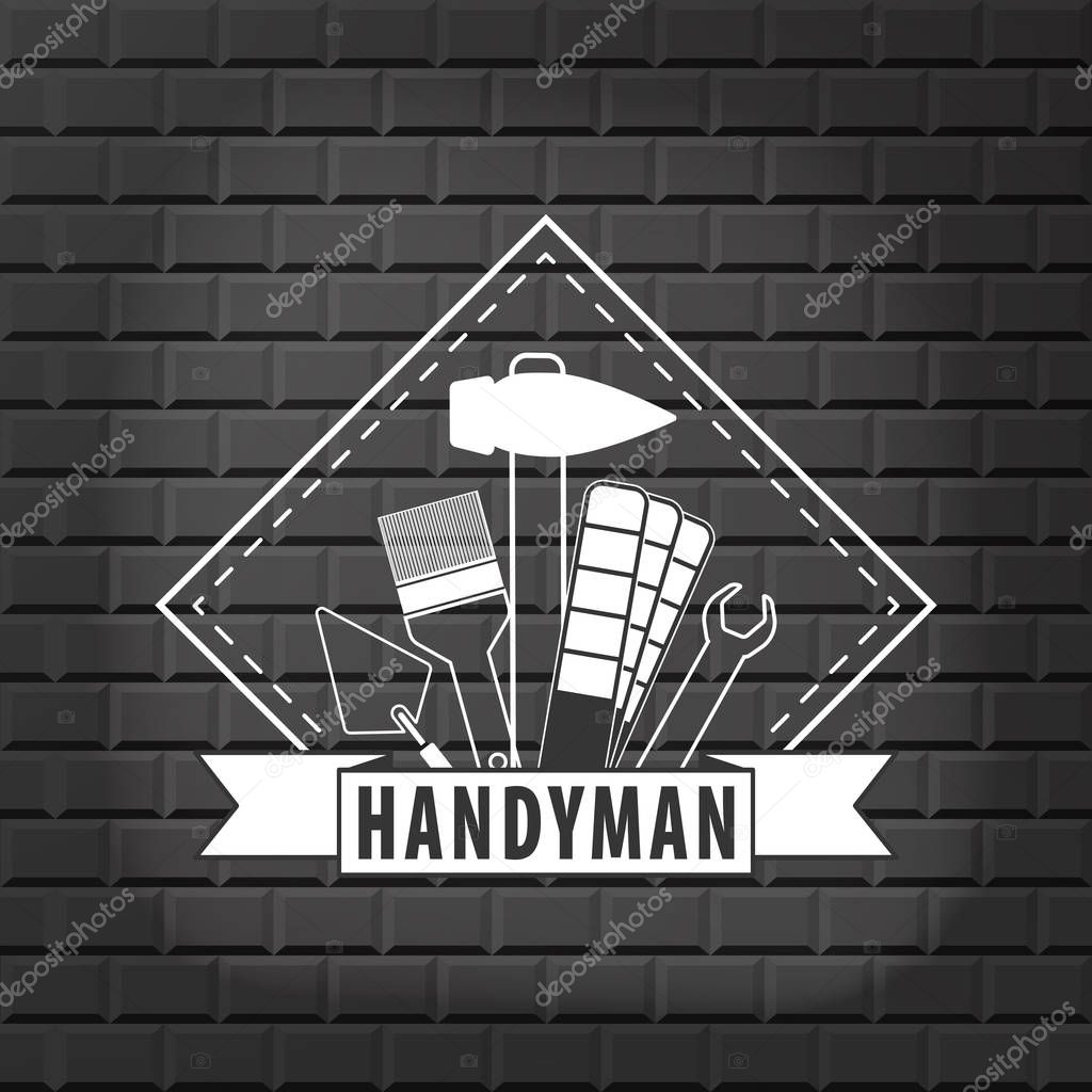 Handyman logo on  brick wall background in grey. Stock vector. Flat design.