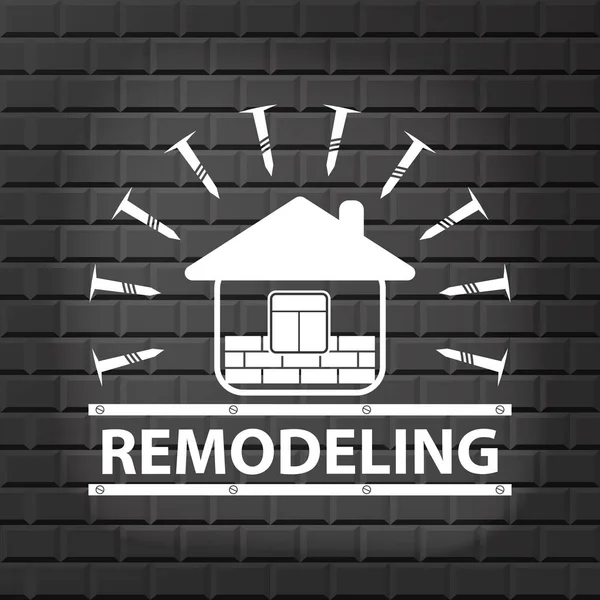 Remodeling home logo on  brick wall background in grey. Stock vector. Flat design. — Stock Vector