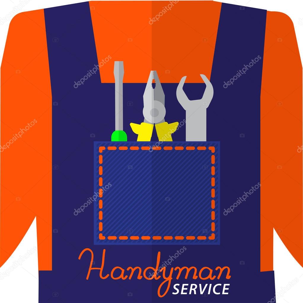 Handyman service logo.  Repair tools in the pocket of coverall.  Lettering Handyman service. Stock vector. Flat design.
