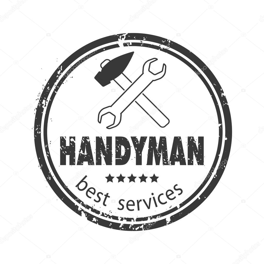 Handyman services vector design for your logo or emblem with grey stamp on white background. Set of workers tools. Stock vector. Flat design.