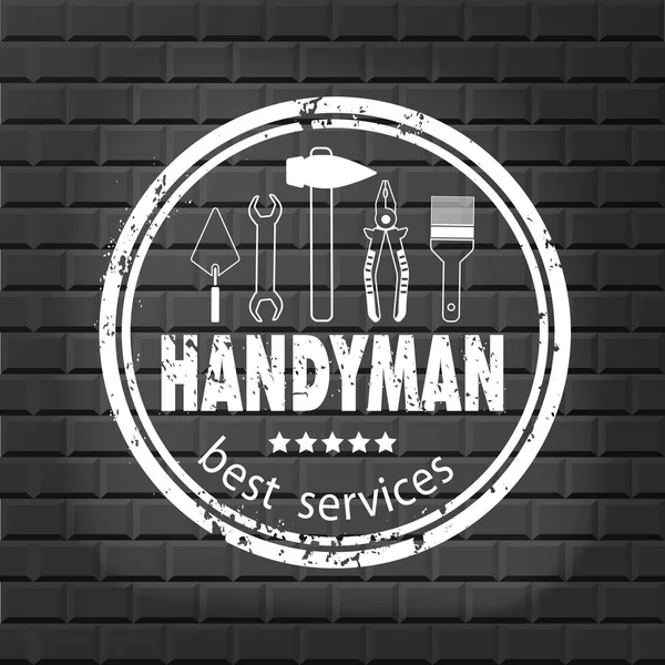 Handyman services vector design for your logo or emblem with stamp on the gray brick wall. Set of workers tools. Stock vector. Flat design. — Stock Vector