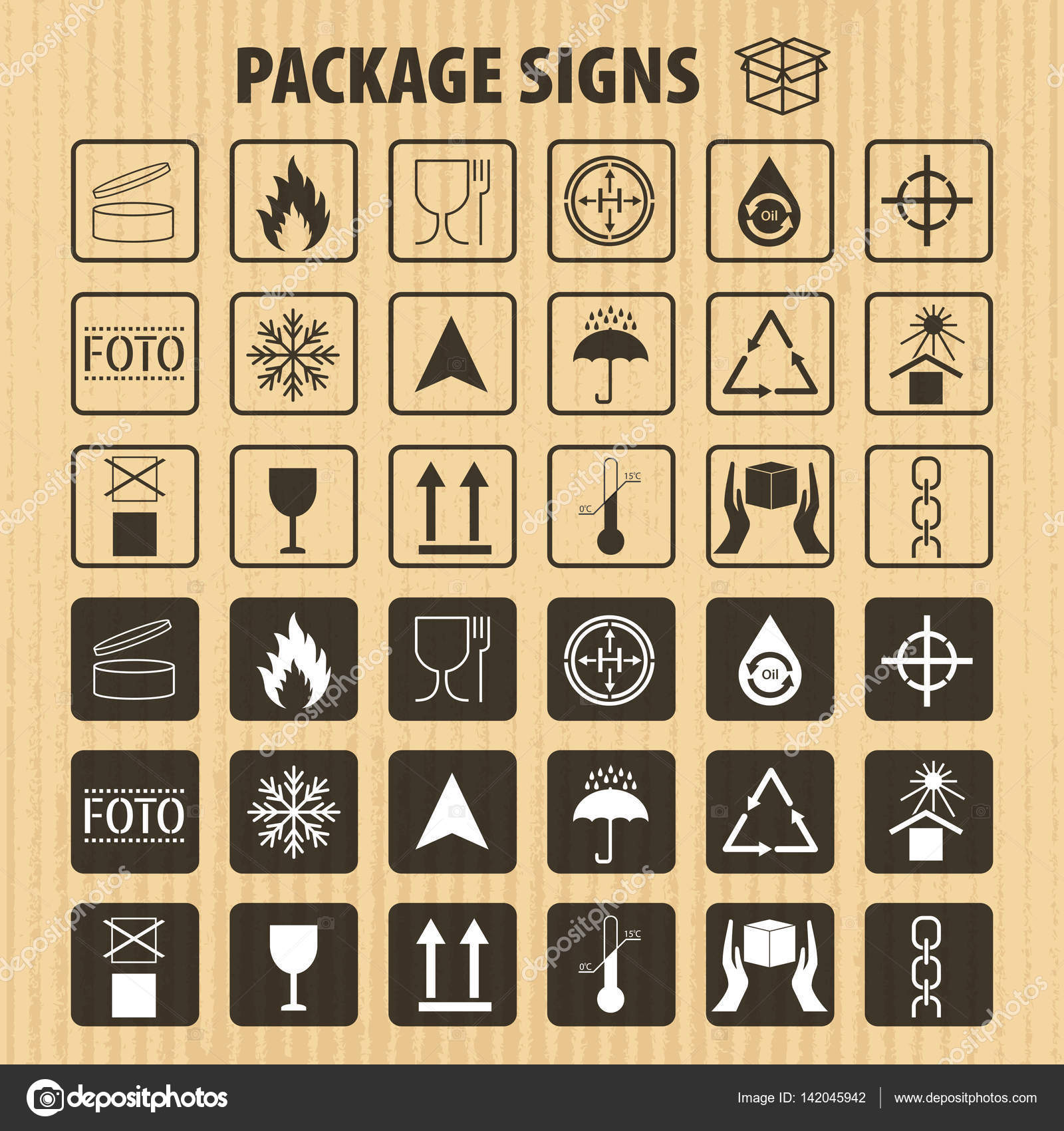 Vector packaging symbols on vector cardboard background. Shipping icon