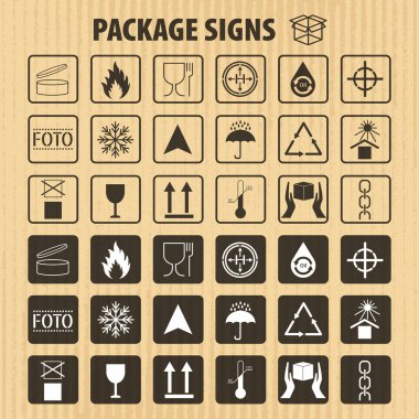 Vector packaging symbols on vector cardboard background. Shipping icon set including recycling, fragile, the shelf life of the product, flammable, non-toxic material, this side up, other symbols. Use on package, carton box clipart