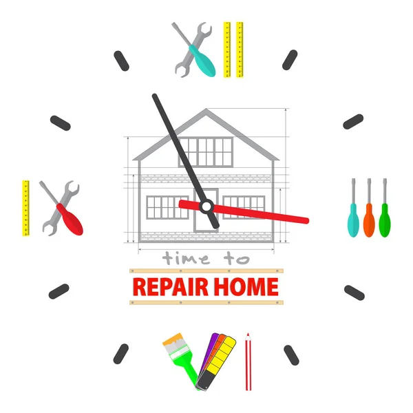 Tiempo para reparar el concepto de casa. Reloj de línea es una herramienta para la reparación. Logo de servicios profesionales de remodelación. Vector de acciones. Diseño plano . — Vector de stock