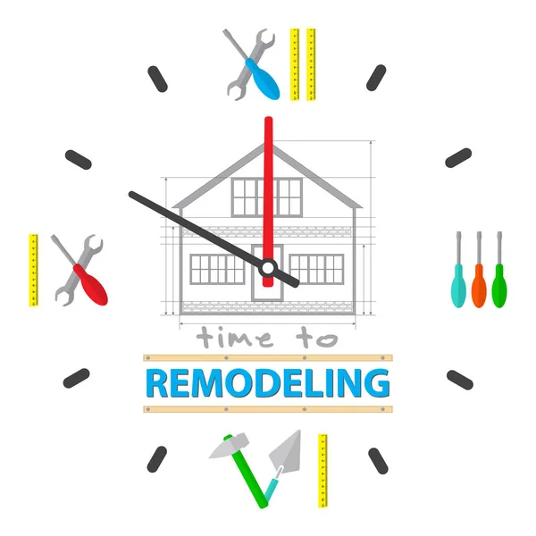 Hora de reparar o conceito de casa. O mostrador do relógio é uma ferramenta para reparar. Logotipo de serviços de remodelação profissional. Vetor de estoque. Projeto plano . —  Vetores de Stock