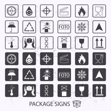 Vector packaging symbols on vector grunge background. Shipping icon set including recycling, fragile, the shelf life of the product, flammable, non-toxic material, this side up, other symbols clipart