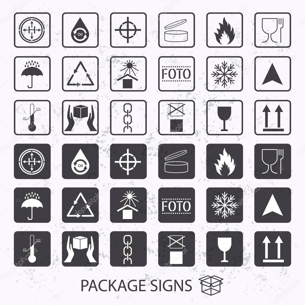 Vector packaging symbols on vector grunge background. Shipping icon set including recycling, fragile, the shelf life of the product, flammable, non-toxic material, this side up, other symbols
