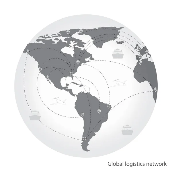 Globální logistická síť dopravy. Mapa partnerství globální logistika. Skladem vektor. Plochý design. — Stockový vektor