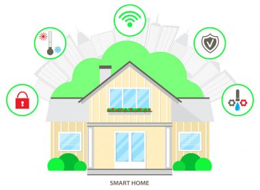 Akıllı ev modern gelecekteki ev. Çağdaş akıllı ev. Hisse senedi vektör. Düz tasarım.