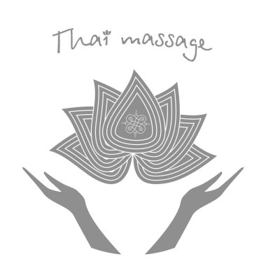 Logo Tay masajı. Stilize lotus çiçeği ve eller. Otantik Tay masajı. Hisse senedi vektör. Düz tasarım.
