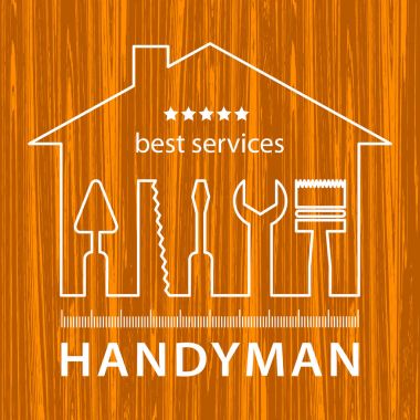 Bir ev onarım araçları silüeti. Tamirci logosuna doğal koyu ahşap arka plan. Hisse senedi vektör. Düz tasarım.