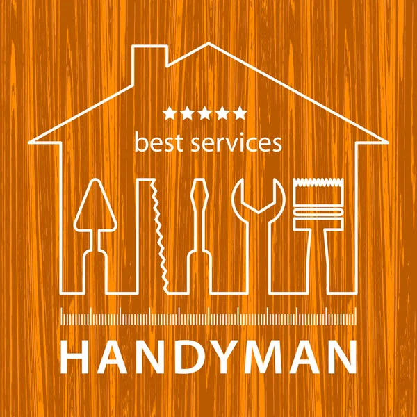 Silhouette di una casa con strumenti per la riparazione. Handyman logo su sfondo in legno scuro naturale. Vettore azionario. Design piatto . — Vettoriale Stock