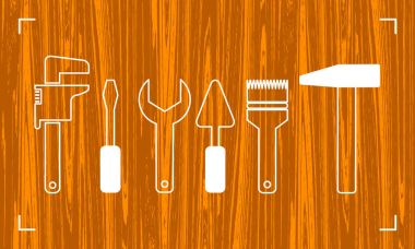 Siluet onarım için bir araç. Tamirci logosuna doğal koyu ahşap arka plan. Hisse senedi vektör. Düz tasarım.