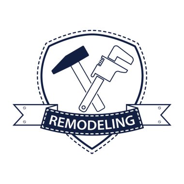 Profesyonel ev remodeling logosunu görmeniz gerekir. Siluet mavi onarım için bir araç. Hisse senedi vektör. Düz tasarım.