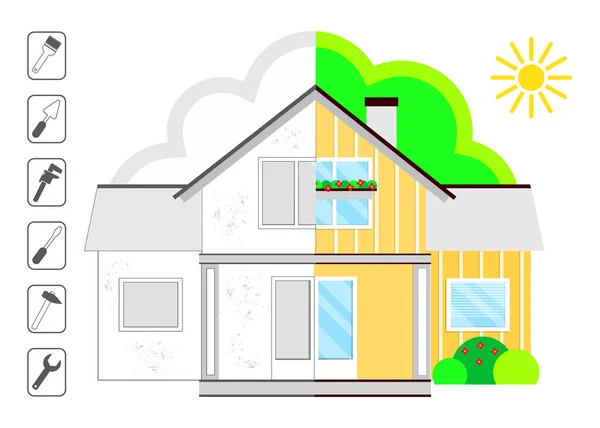 Image of the house before repair and after repair. Set of tools for repair. Stock vector. Flat design. — Stock Vector