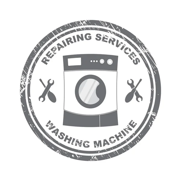 Reparação de selos serviços de máquinas de lavar roupa em cinza. Vetor de estoque. Projeto plano . — Vetor de Stock