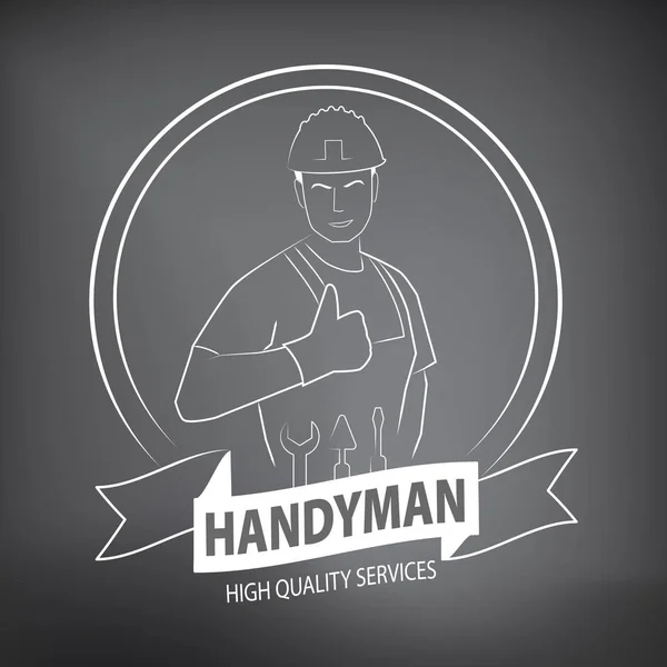 Logotipo de serviços handyman profissional em cinza. Silhueta de faz-tudo usando roupas e ferramentas de trabalho. Projeto plano . — Vetor de Stock