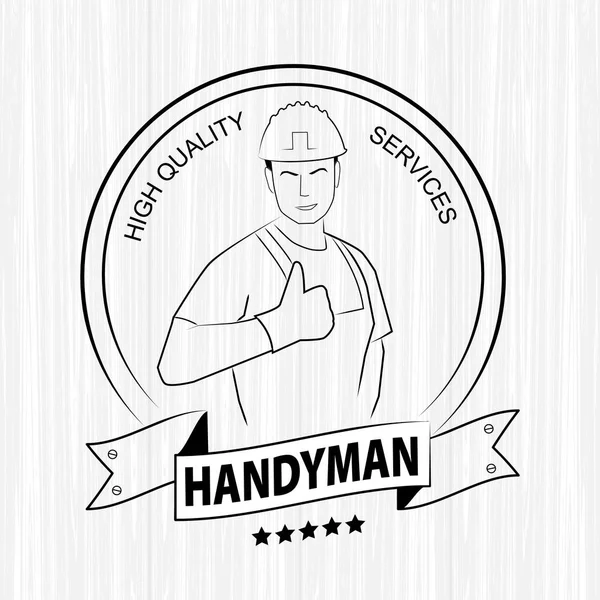 Logotipo de serviços handyman profissional. Silhueta de faz-tudo usando roupas de trabalho em fundo de madeira branca. Vetor de estoque. Projeto plano . — Vetor de Stock