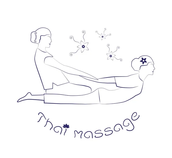 Logo Thai-Massage. Silhouette einer Frau, die eine traditionelle Thai-Stretching-Massage vom Therapeuten bekommt. Aktienvektor. flache Bauweise. — Stockvektor