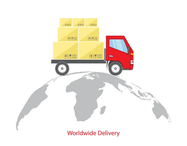 Rete logistica globale. Concetto di consegna mondiale. Camion con scatole di cartone cavalca lungo un globo stilizzato — Vettoriale Stock