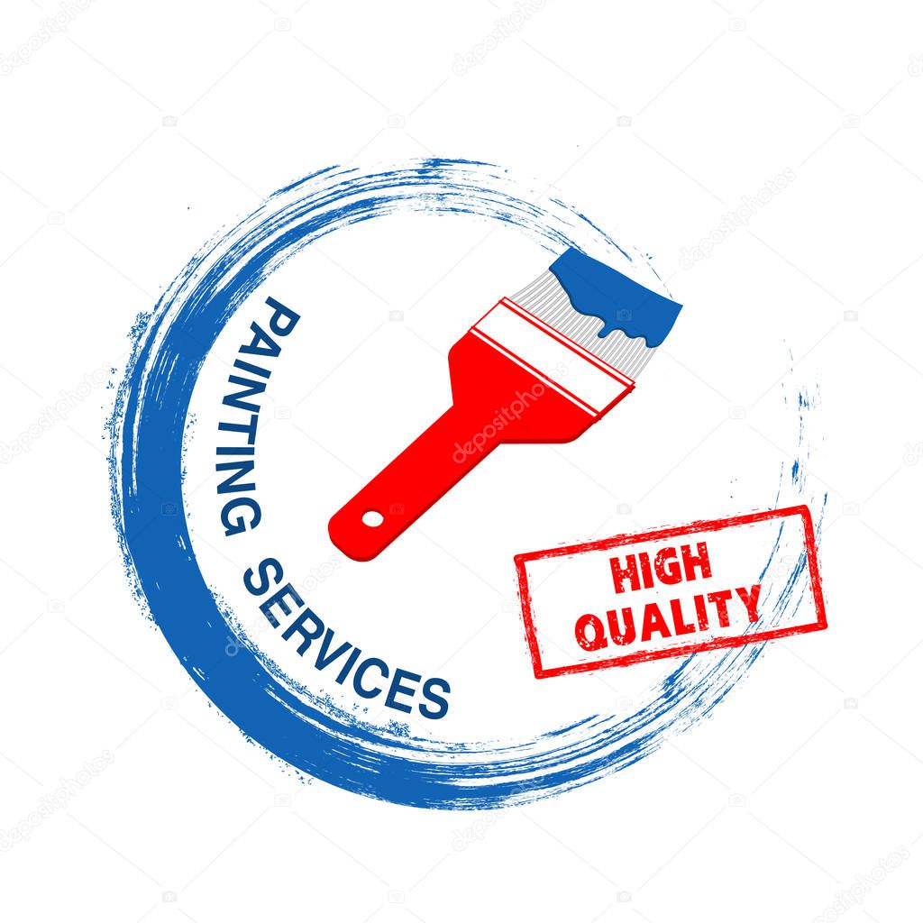  Professional Painting Services Logo.Red paintbrush draws a blue paint circle on a white background.