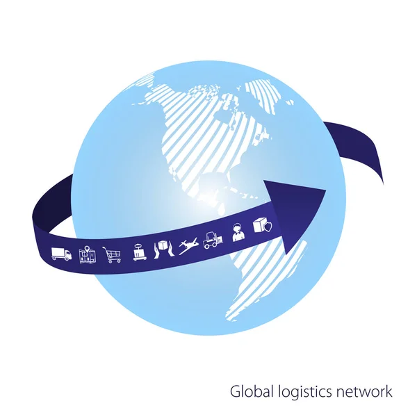 Rede logística global. A seta azul dá a volta ao globo. Branco mapa do mundo semelhante. Conjunto de ícones de transporte e logística — Vetor de Stock