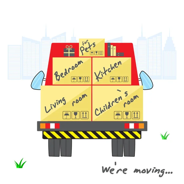 Vervoer en binnenlandse verwijdering. Gestileerde huis met vakken voor het verplaatsen op vrachtwagen. Rode vrachtwagen met lading naar het silhouet van de stad. Wij verhuizen. — Stockvector