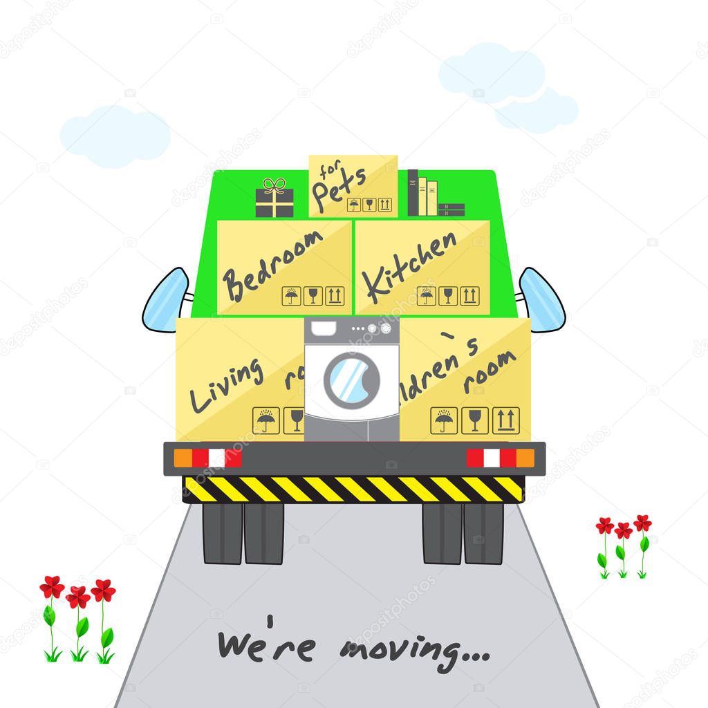 Transportation and home removal. Stylized house with boxes for moving on truck.  Green truck with cargo is on the road. We're moving. Flat design. Vector illustration EPS10.