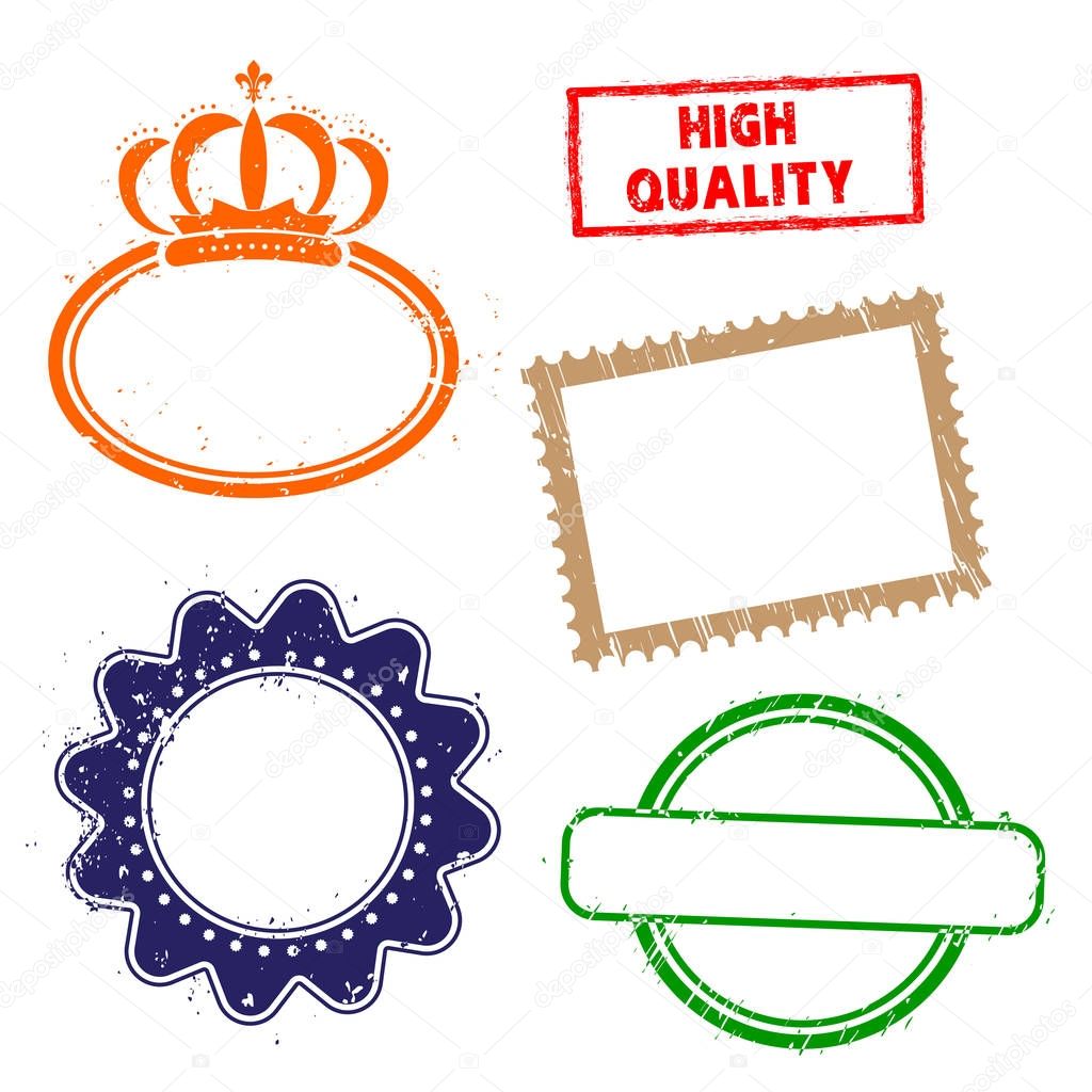 Stamps frames on white background.  Five stamps frames with dry rough edges. Frame with crown and simple stamp High Quality.