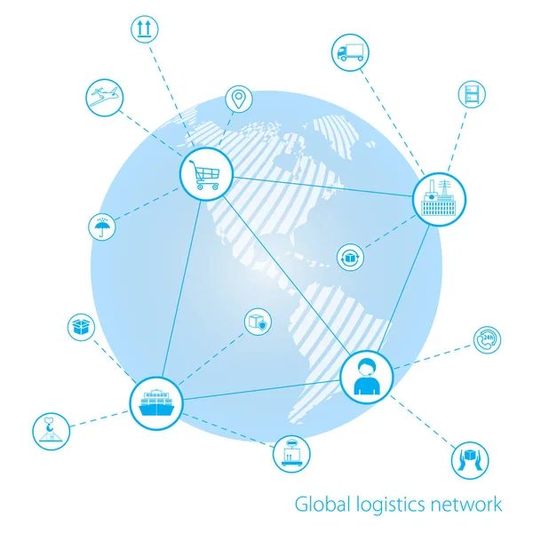 Rede logística global. Conexão de negócios global interface de tecnologia conexão de parceiro global. Branco mapa do mundo semelhante . — Vetor de Stock