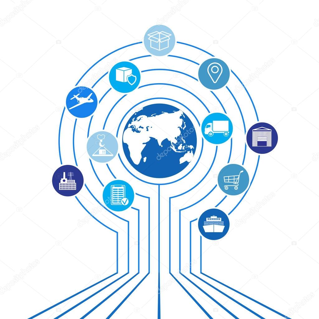 Global logistics network. Map global logistics partnership connection.  White similar world map and logistics icons. 